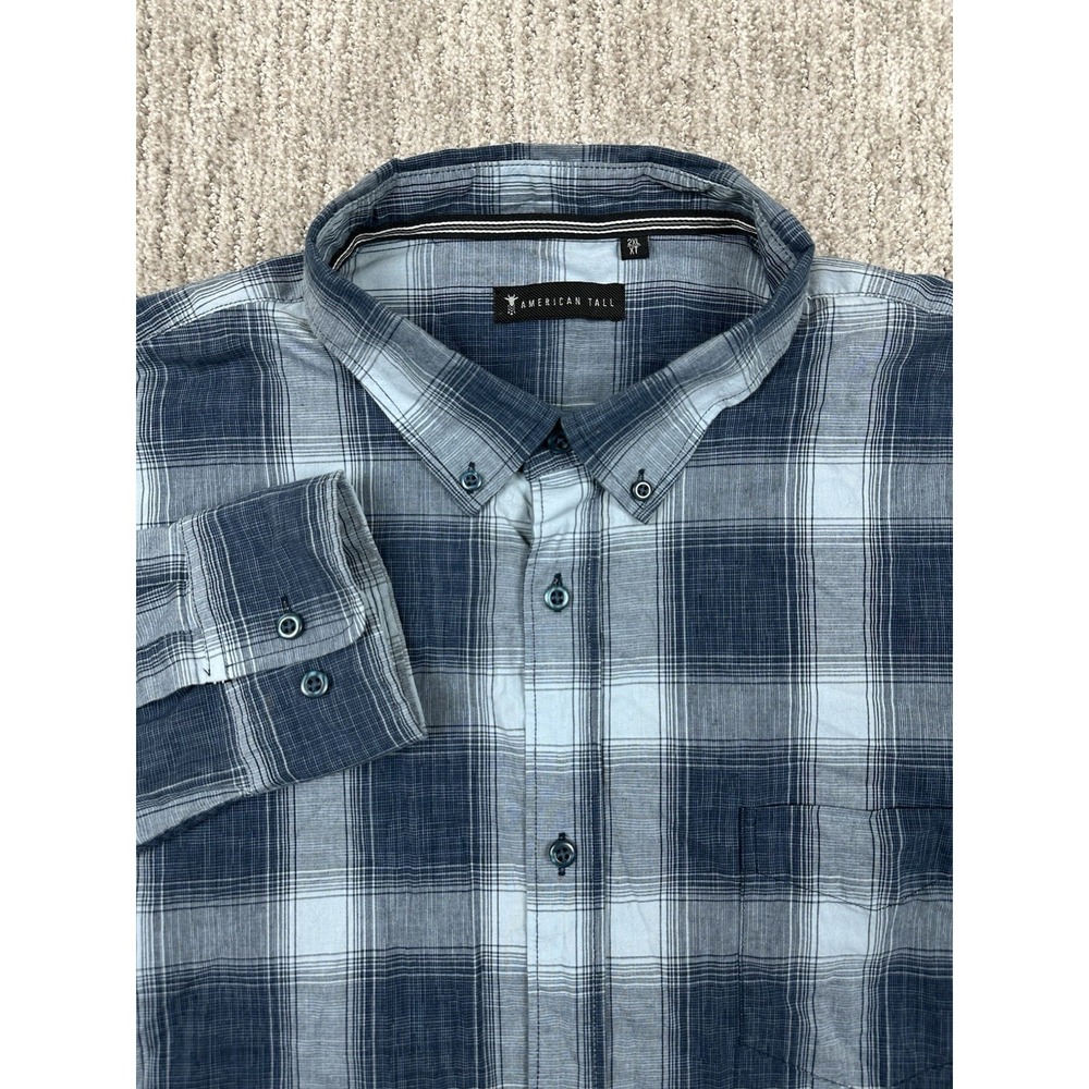 American Tall Mens 2XLT Long Sleeve Button Up Shirt Blue Plaid Pocket